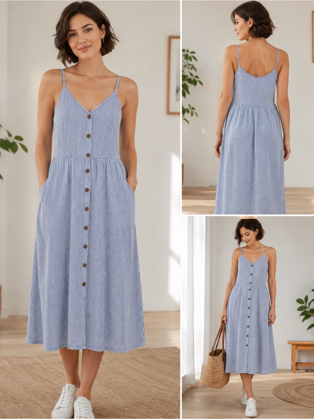 Blue & White Striped Button-Front Midi Sundress - Picture 1 of 1